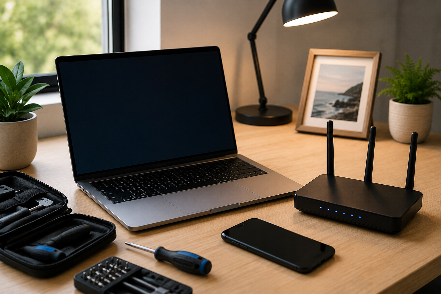 Clean home office workspace with a laptop, Wi-Fi router, phone, and tech tools for local tech support.