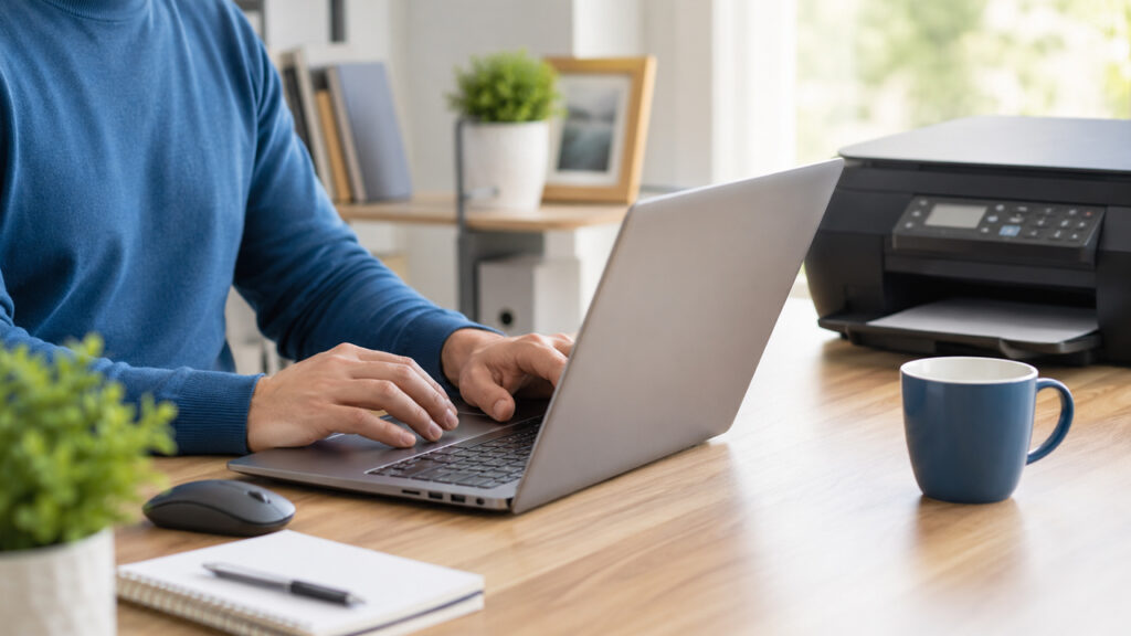 Person using a laptop at a desk with a printer for computer help and troubleshooting