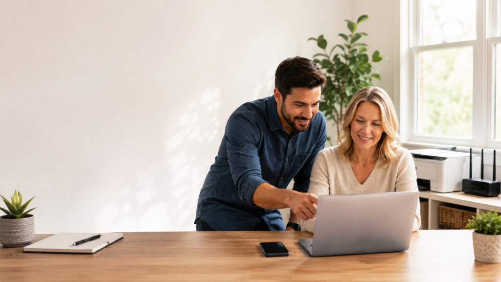 Friendly local tech support helping with a laptop in a home office