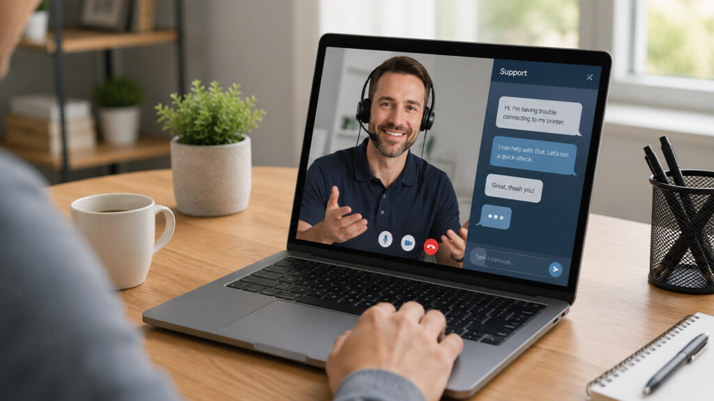 Person using a laptop for a remote tech support video call.