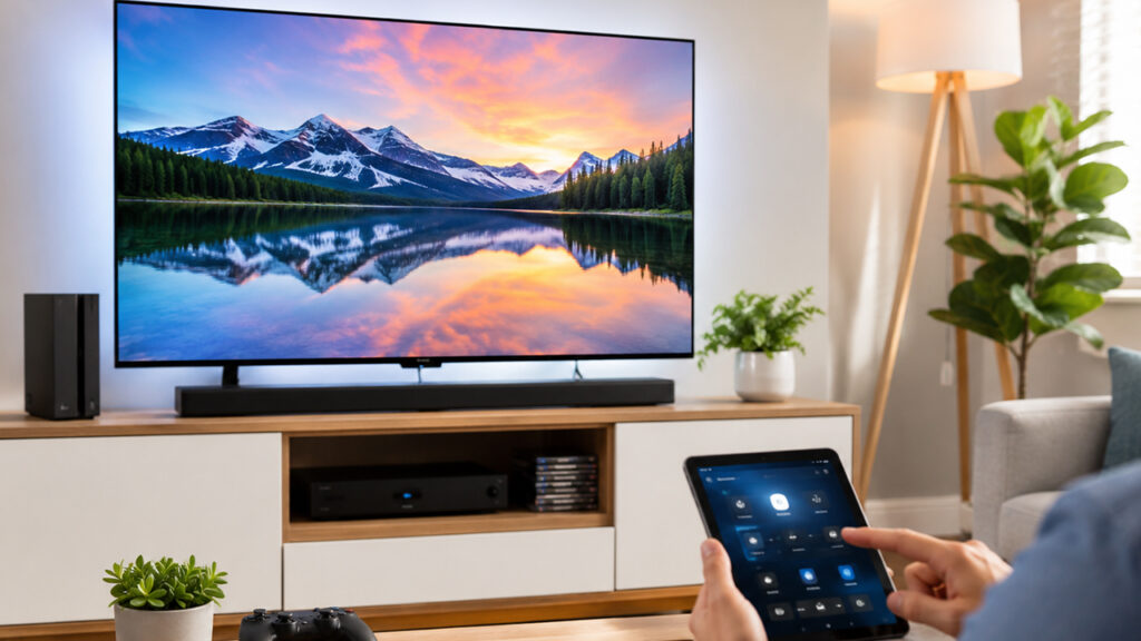 Smart TV and device setup in a modern living room with connected streaming devices and tablet control