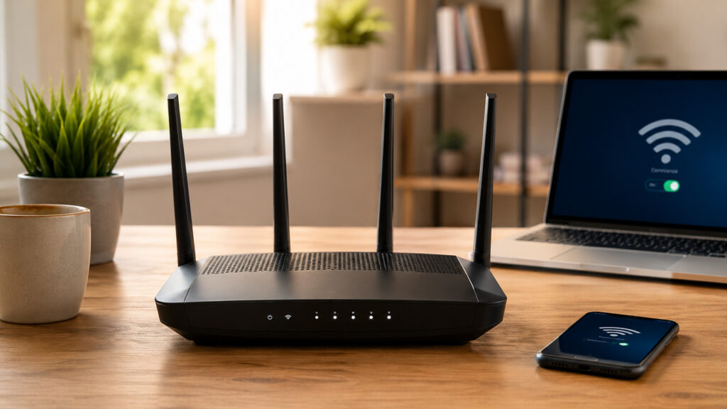 Wi-Fi router on a home office desk with laptop and phone showing connected internet