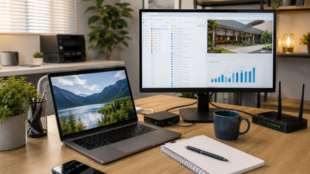 Small business tech support workspace with computers, Wi-Fi router, and office devices